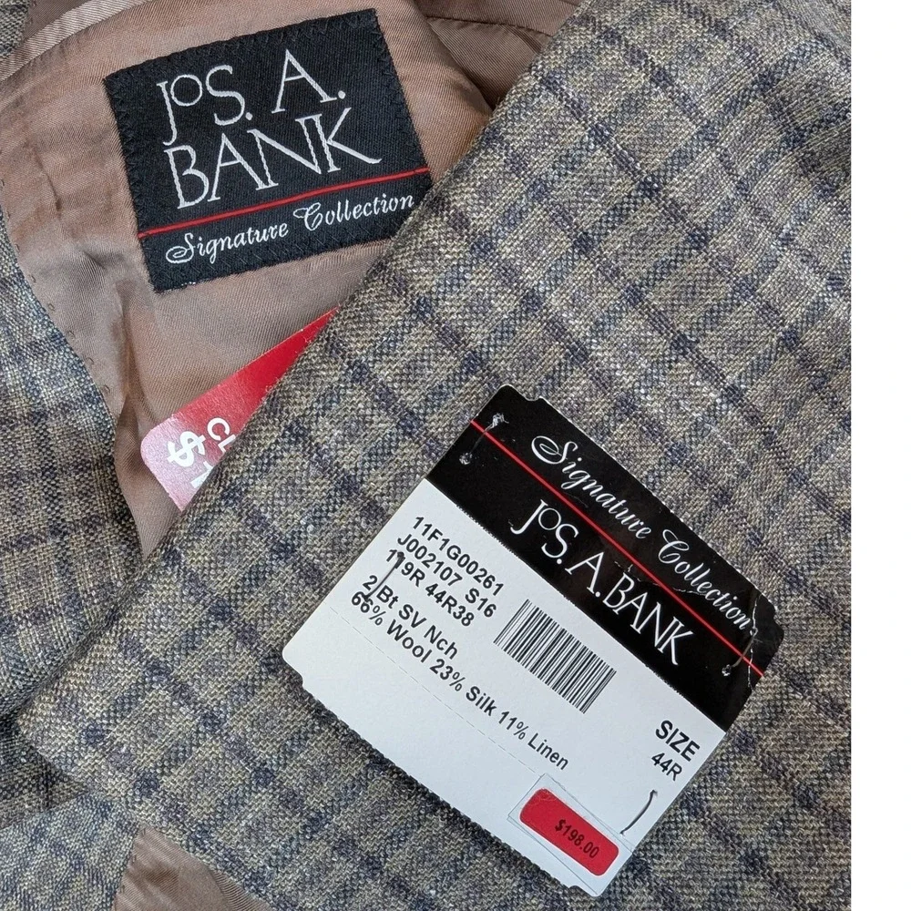 Jos A Bank Blazer Men 44 Brown Plaid Wool Silk Linen Signature Collection Jacket